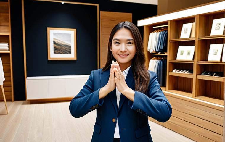 A professional interior designer in modest business casual attire, observing a modern concept store designed with multi-sensory elements. The space features warm, strategically placed lighting creating soft shadows, rich textures on display (smooth wood, inviting fabrics), and a subtle ambient soundscape. A gentle, pleasant aroma subtly enhances the atmosphere. The scene captures the essence of harmonious sensory design. Safe for work, appropriate content, fully clothed, professional, perfect anatomy, correct proportions, natural pose, well-formed hands, high-quality, professional photography.